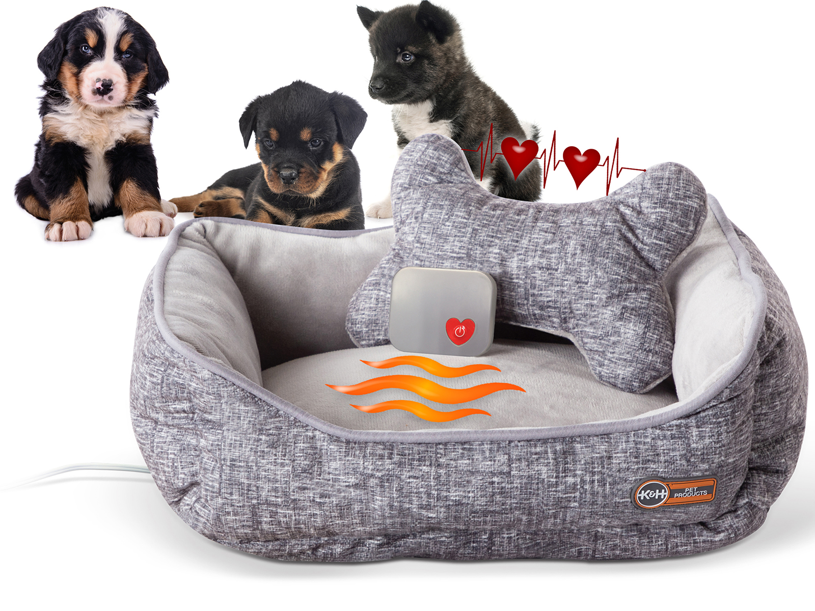 K and H Pet Products Large Mothers Heartbeat Heated Puppy Pet Bed w/ Bone Pillow