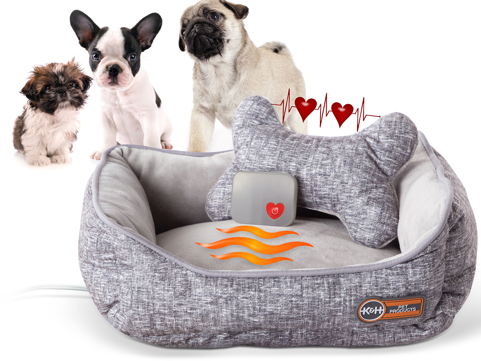 K and H Pet Products Small Mothers Heartbeat Heated Puppy Pet Bed w/ Bone Pillow