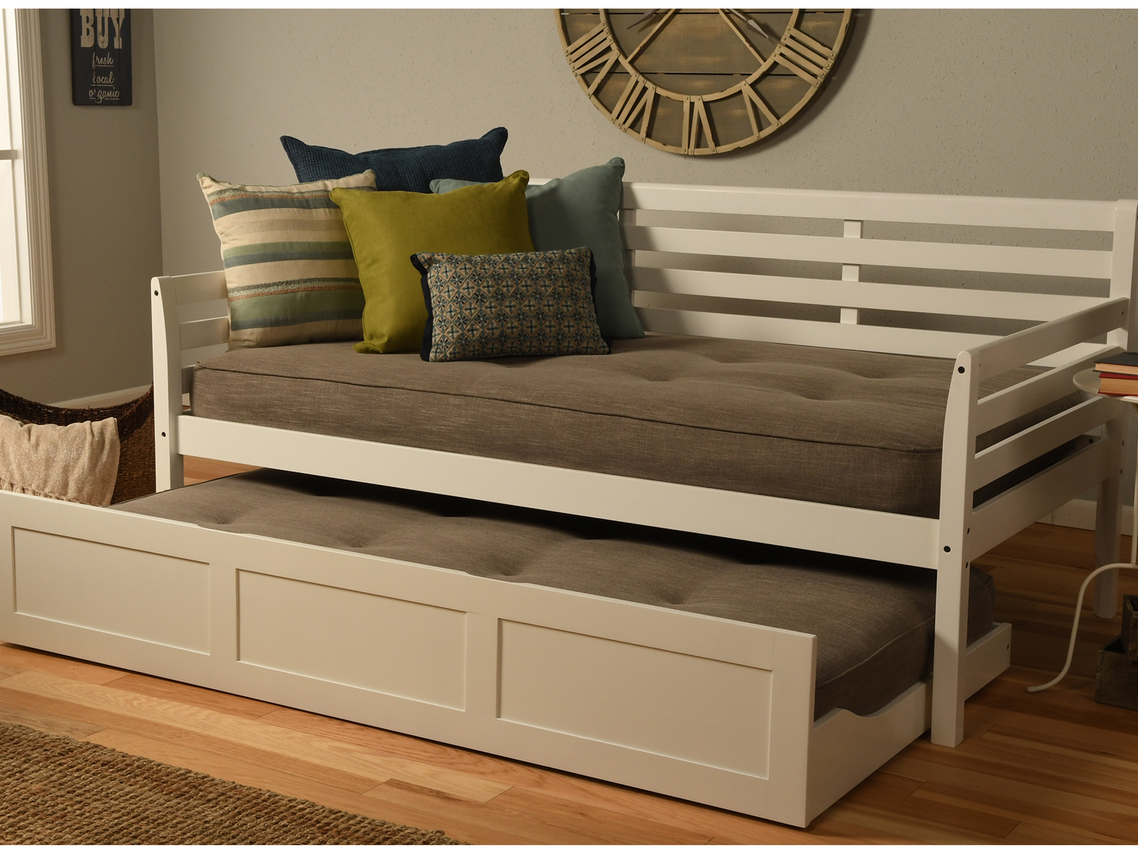 Kodiak Boho Daybed w/ Trundle & Linen Stone Mattress | White