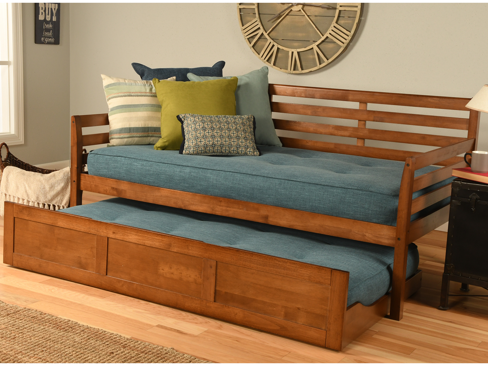 Kodiak Boho Daybed w/ Trundle & Linen Aqua Mattress