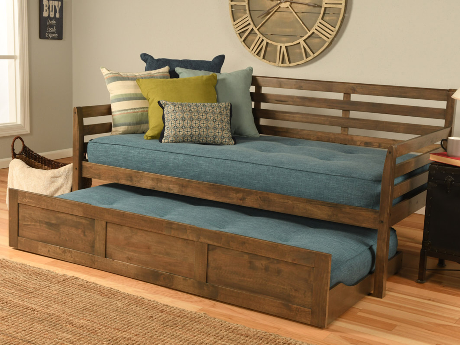 Kodiak Boho Daybed w/ Trundle & Linen Aqua Mattress | Rustic Walnut