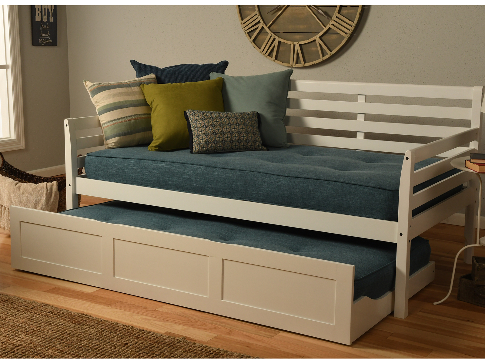 Kodiak Boho Daybed w/ Trundle & Linen Aqua Mattress | White