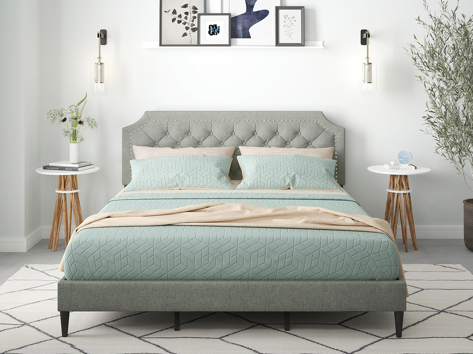 Glenwillow Home Upholstered Platform Bed Frame | Queen | Curta | Stone