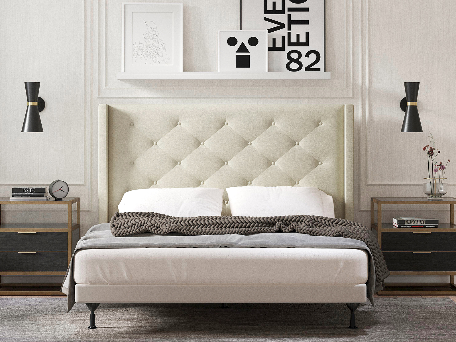 Glenwillow Home Button Tufted Wingback Upholstered Headboard | Full/Queen | Huppe | Beige