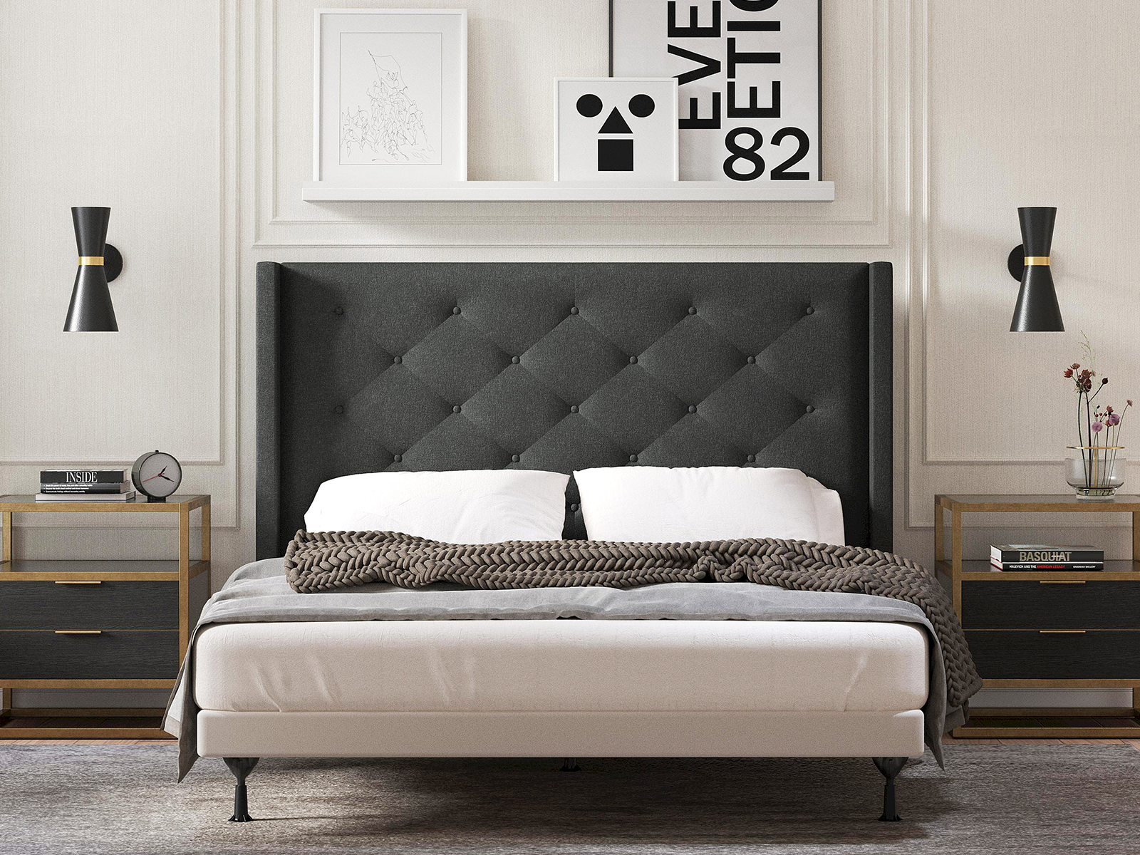 Glenwillow Home Button Tufted Wingback Upholstered Headboard | Full/Queen | Huppe | Gray