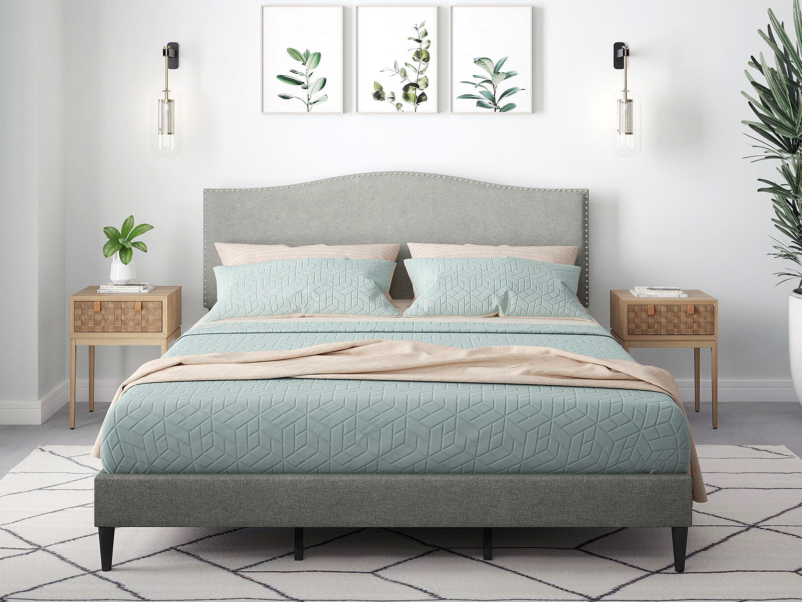 Glenwillow Home Upholstered Platform Bed Frame | King | Kameli | Stone