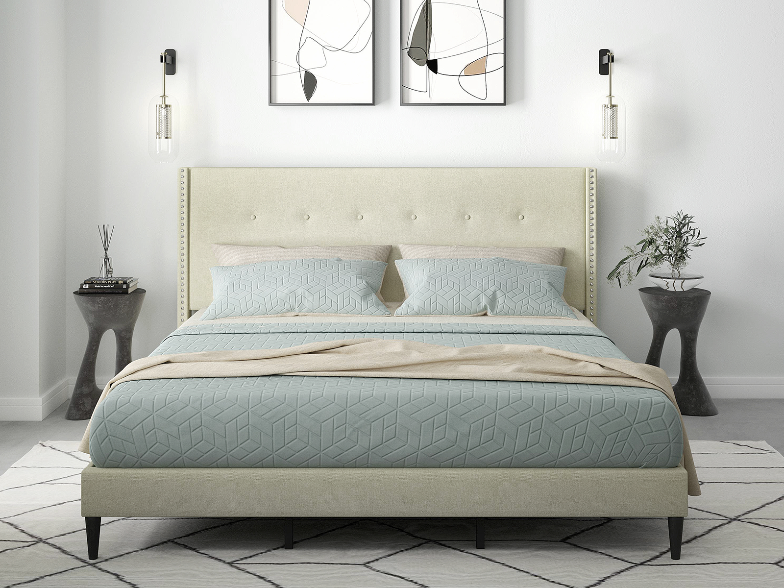 Glenwillow Home Upholstered Platform Bed Frame | Queen | Mcm | Beige