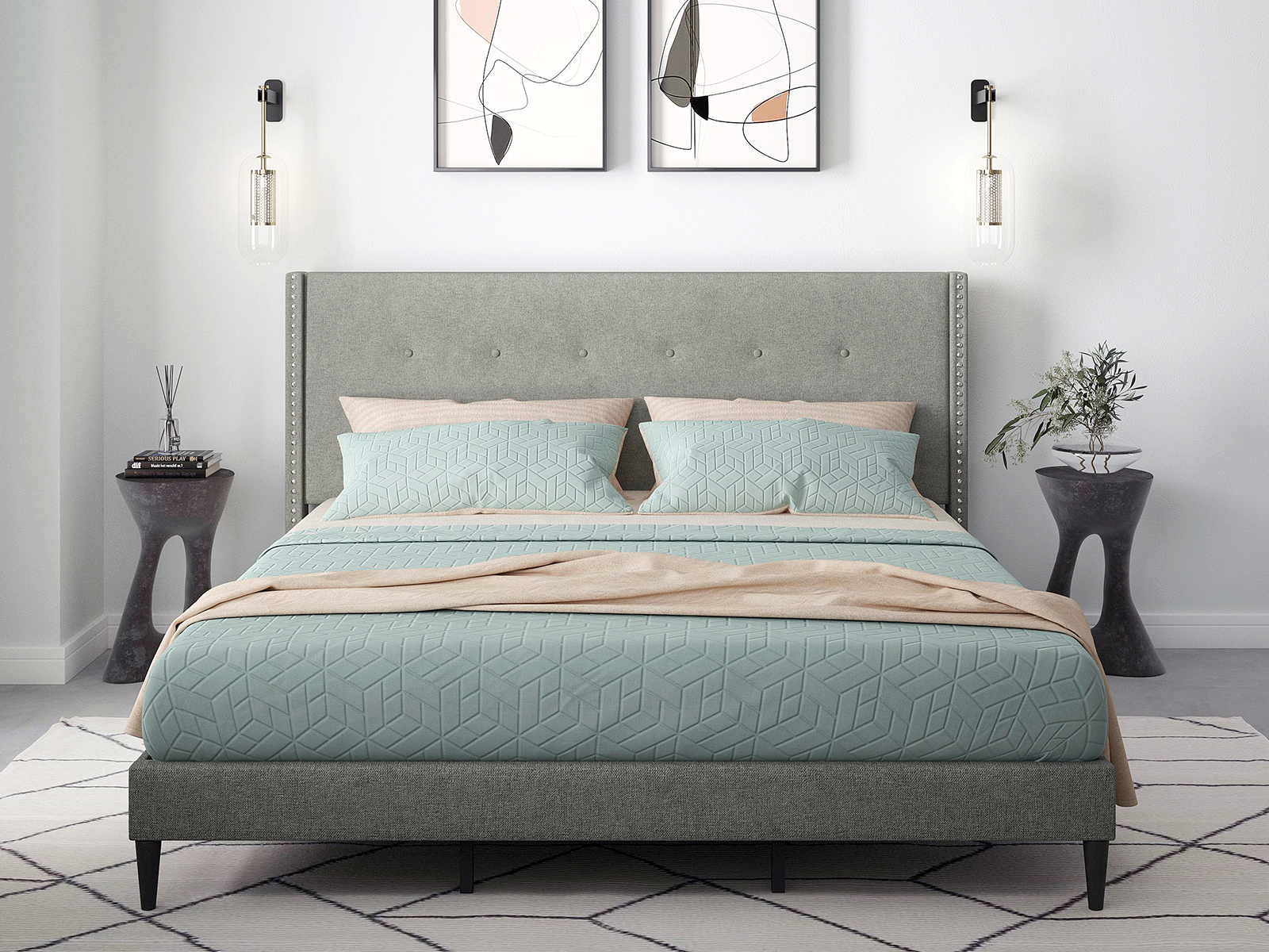 Glenwillow Home Upholstered Platform Bed Frame | Queen | Mcm | Stone