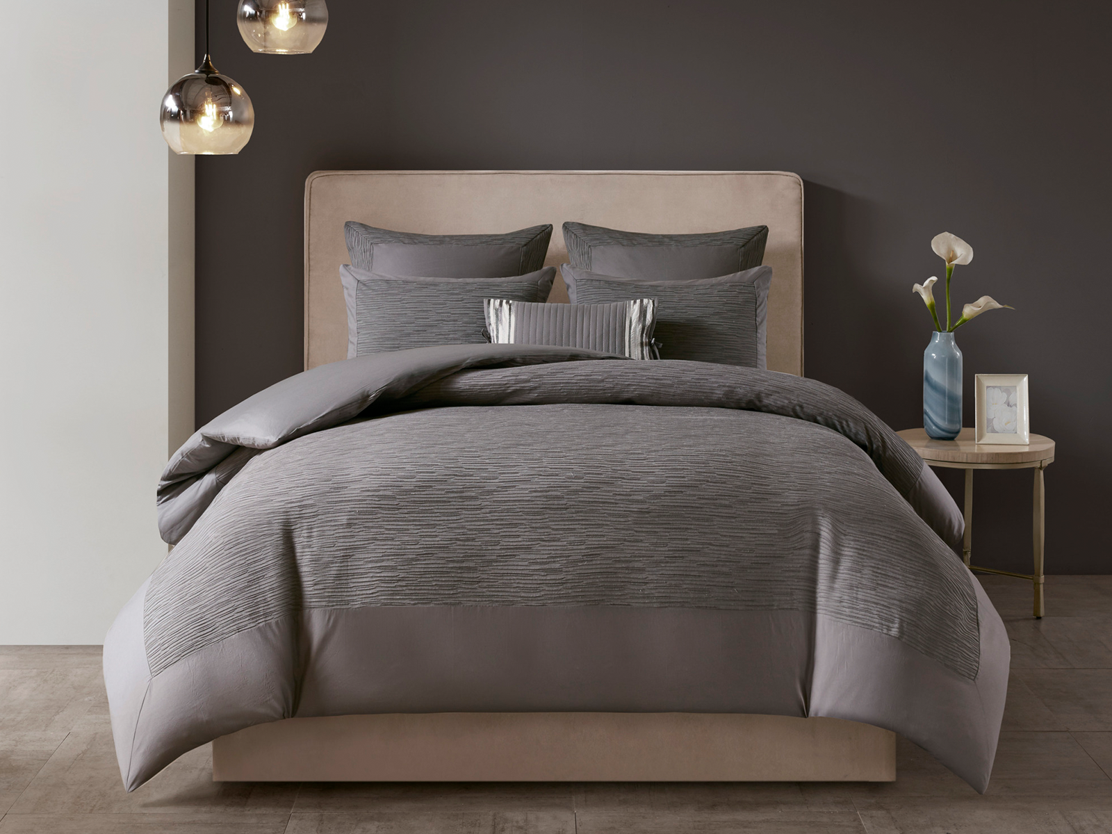 N Natori Full/Queen Hanae Cotton Blend 3 Piece Duvet Cover Set | Gray