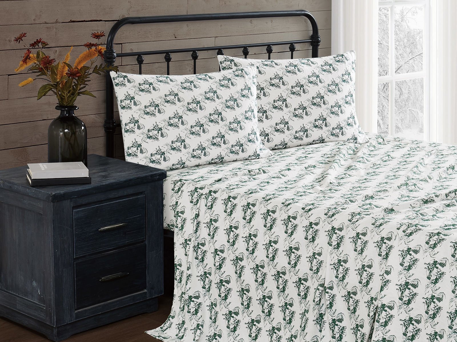 Truly Soft Festive Cottage Toile Flannel Sheet Set, One Size, Green