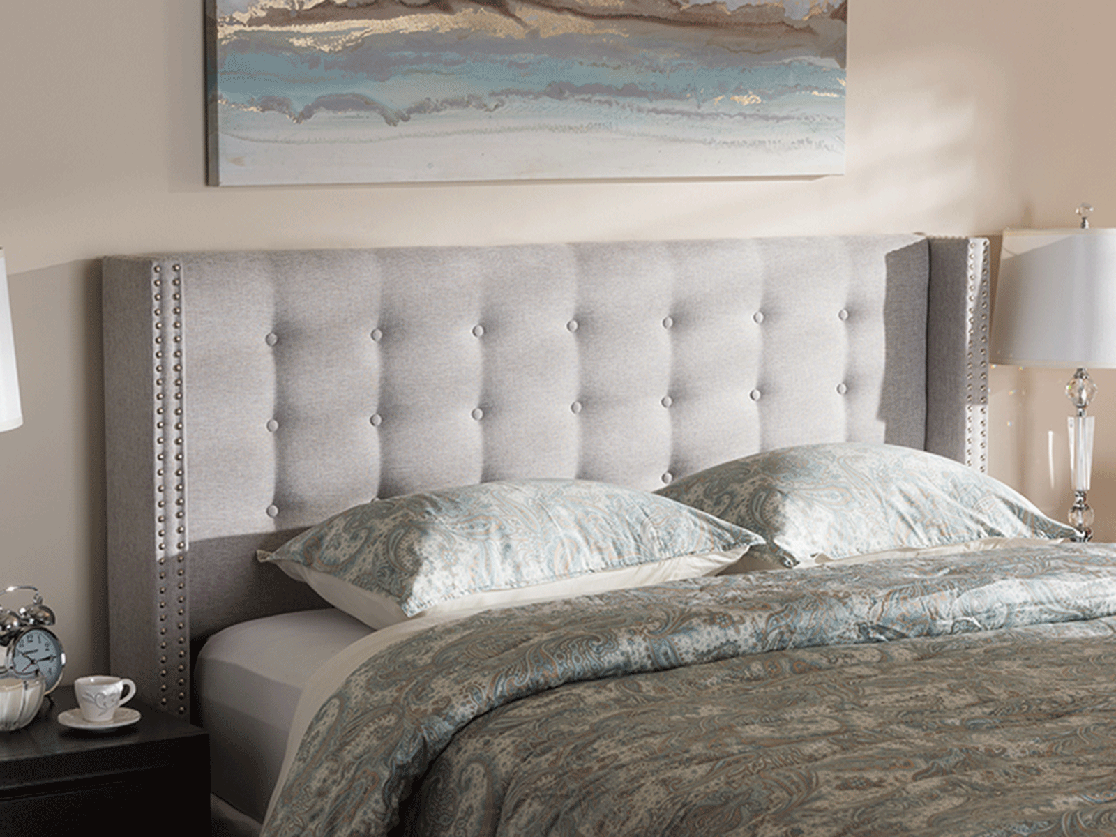 BBT6627-Greyish Beige-King HB Ginaro Modern & Contemporary Greyish Beige Fabric Button - Tufted Nail head King Size Winged Headboard