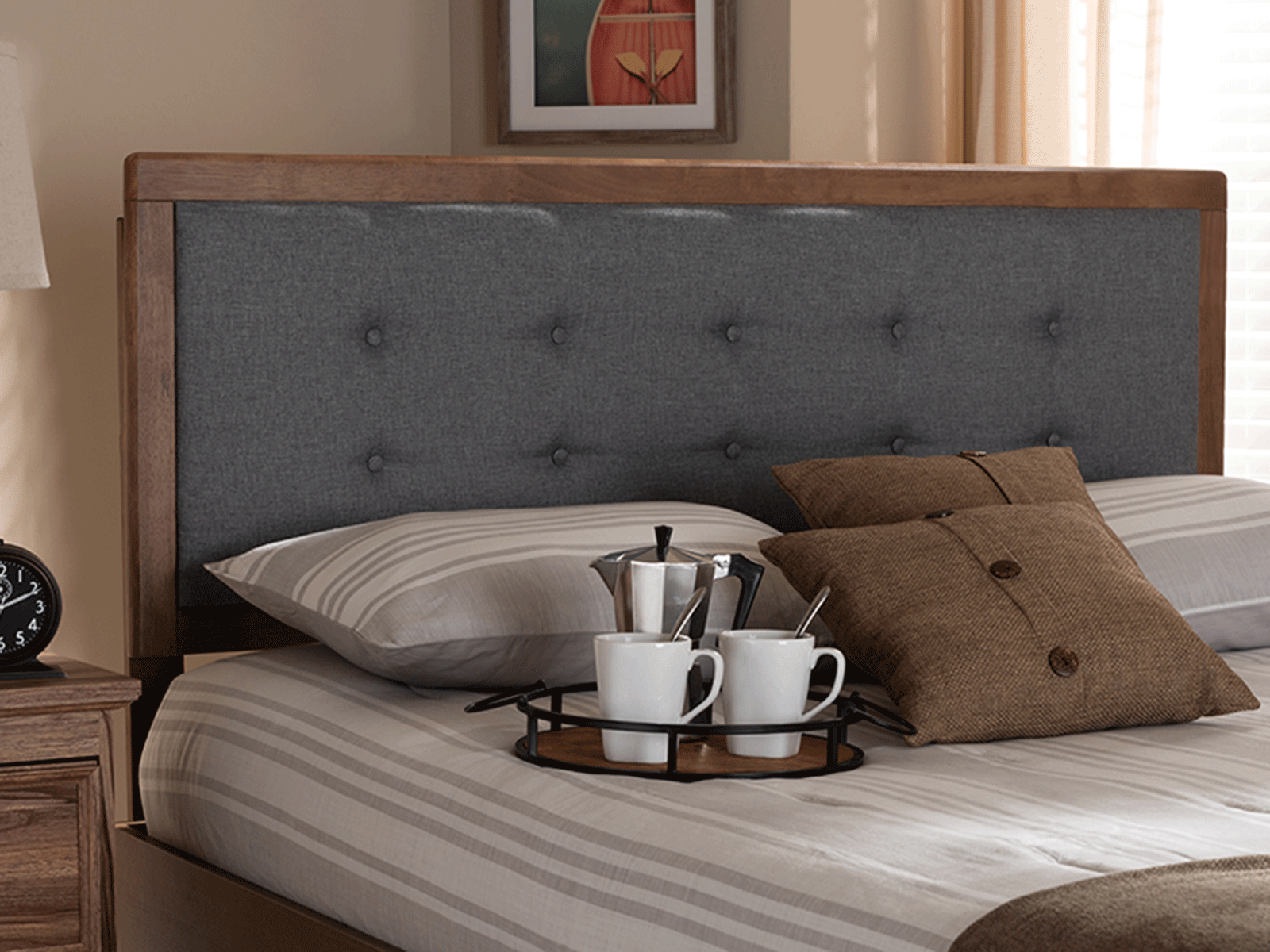 MG97053-Dark Grey-Ash Walnut-HB-King Sarine Mid-Century Modern Dark Grey Fabric Upholstered Walnut Brown Finished Wood Headboard - King Size