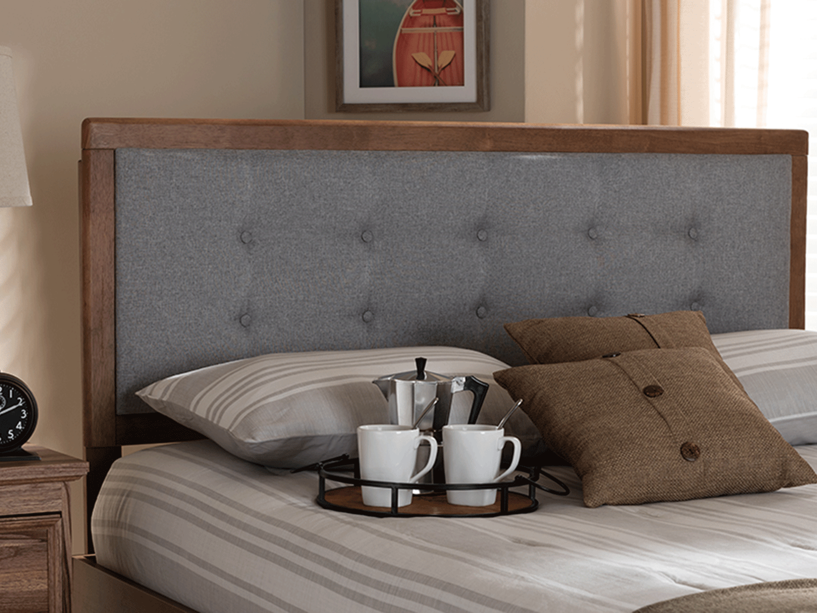 MG97053-Light Grey-Ash Walnut-HB-King Sarine Mid-Century Modern Light Grey Fabric Upholstered Walnut Brown Finished Wood Headboard - King Size