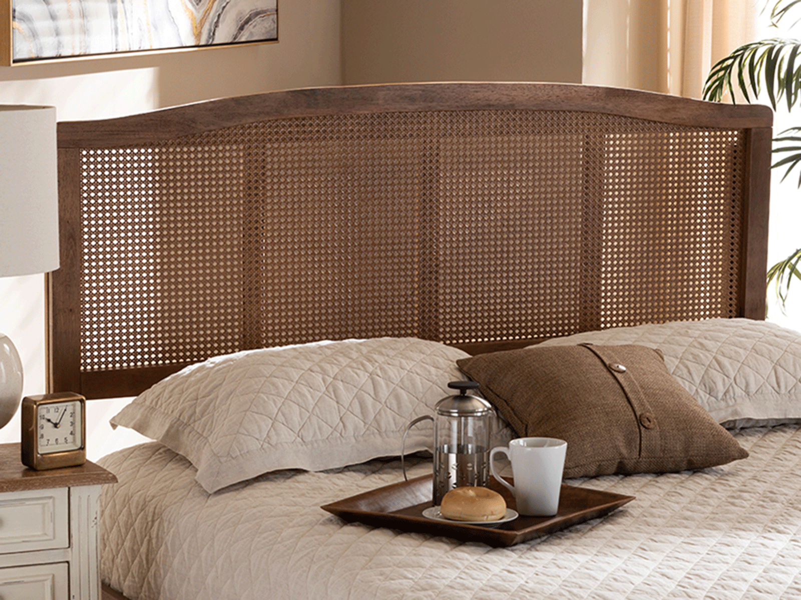 MG97132-Ash Walnut Rattan-Full-Headboard Marieke Mid-Century Modern Ash Wanut Finished Wood & Synthetic Rattan Headboard - Full Size