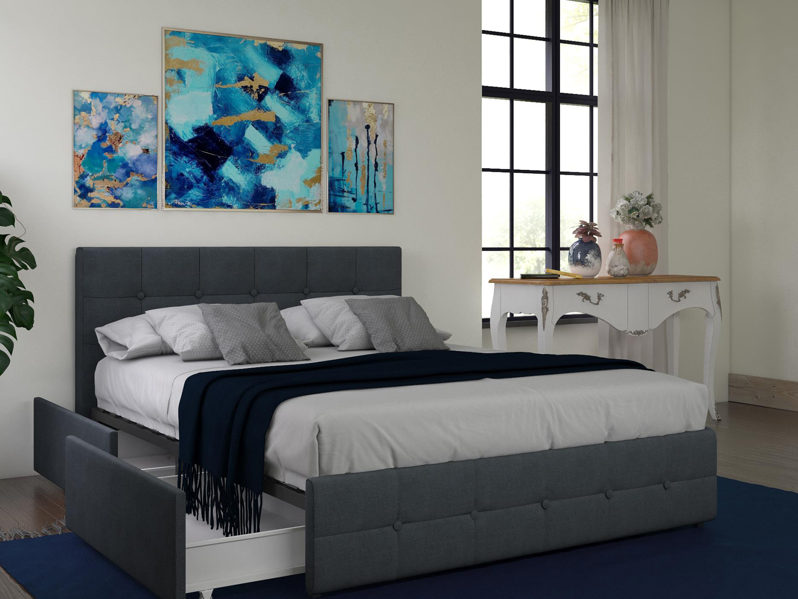 Atwater Living Bed with Storage | Full | Upholstered Linen | Blue | Ryder