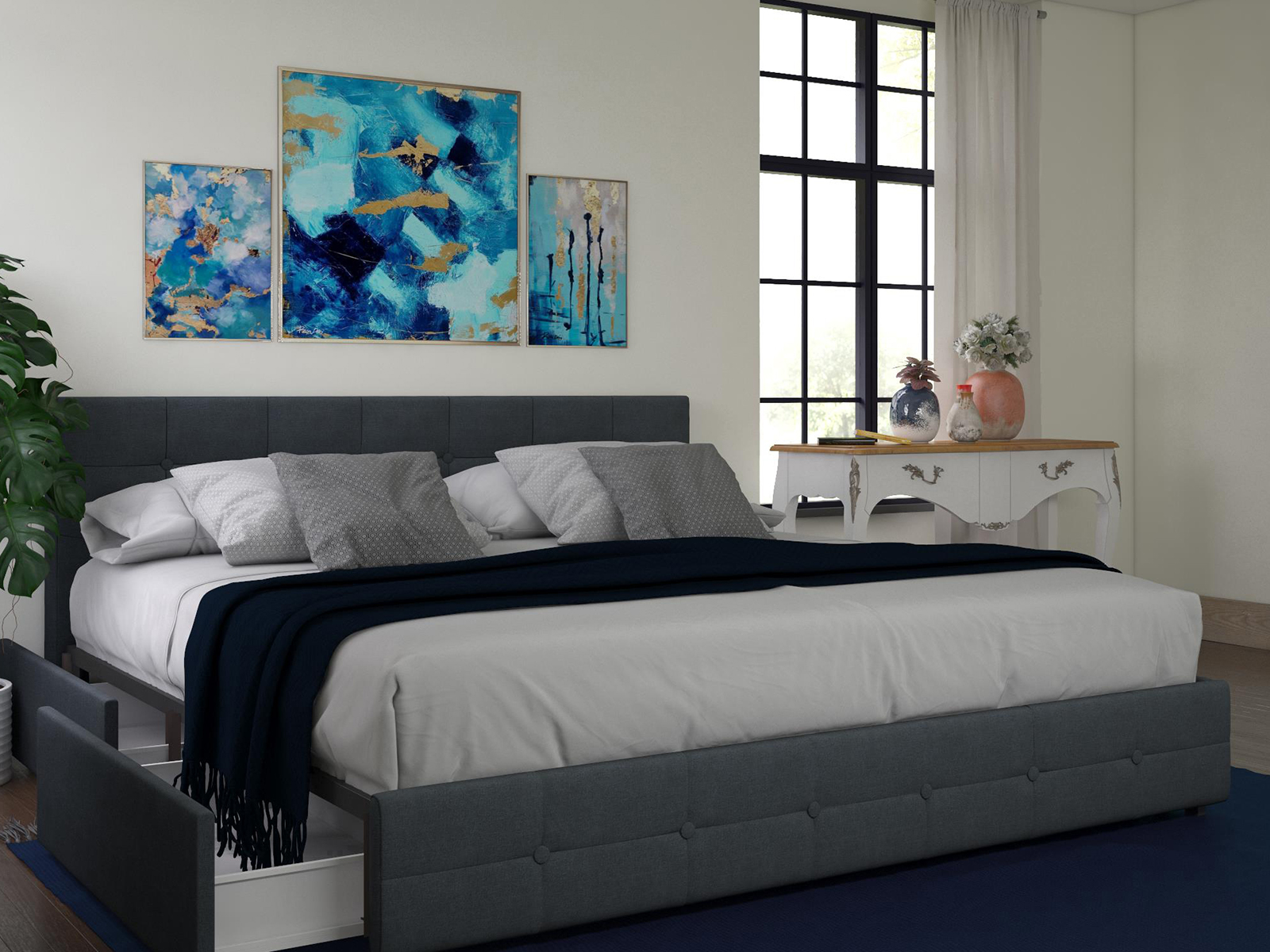 Atwater Living Bed with Storage | Queen | Upholstered Linen | Blue | Ryder