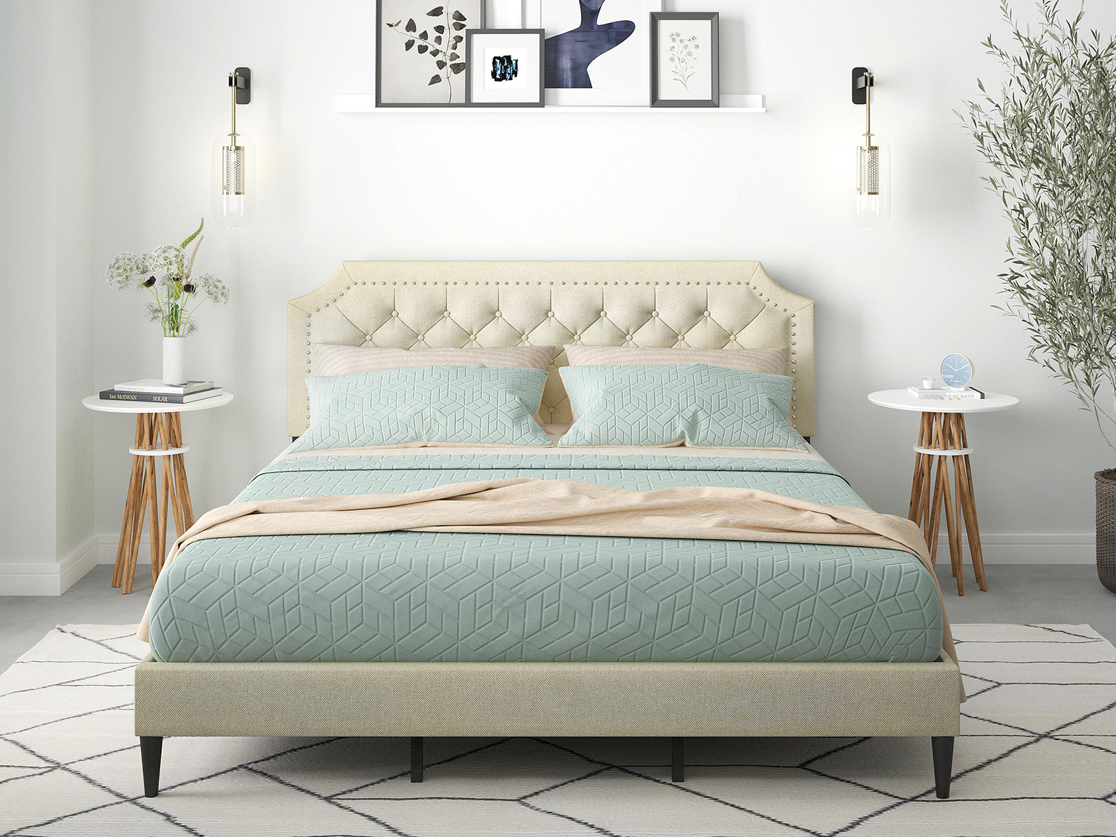 Glenwillow Home Upholstered Platform Bed Frame | King | Curta | Beige