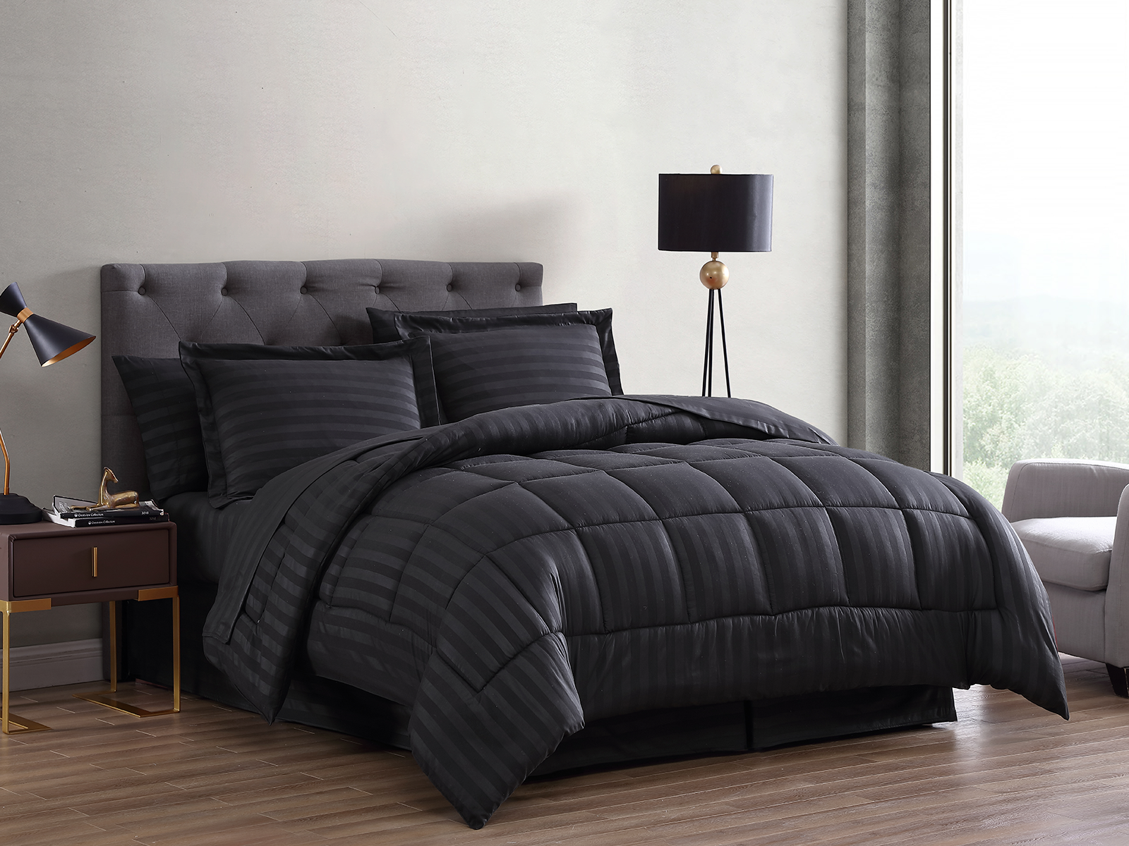 The Nesting Company King Maple Dobby Stripe Comforter Set | Black