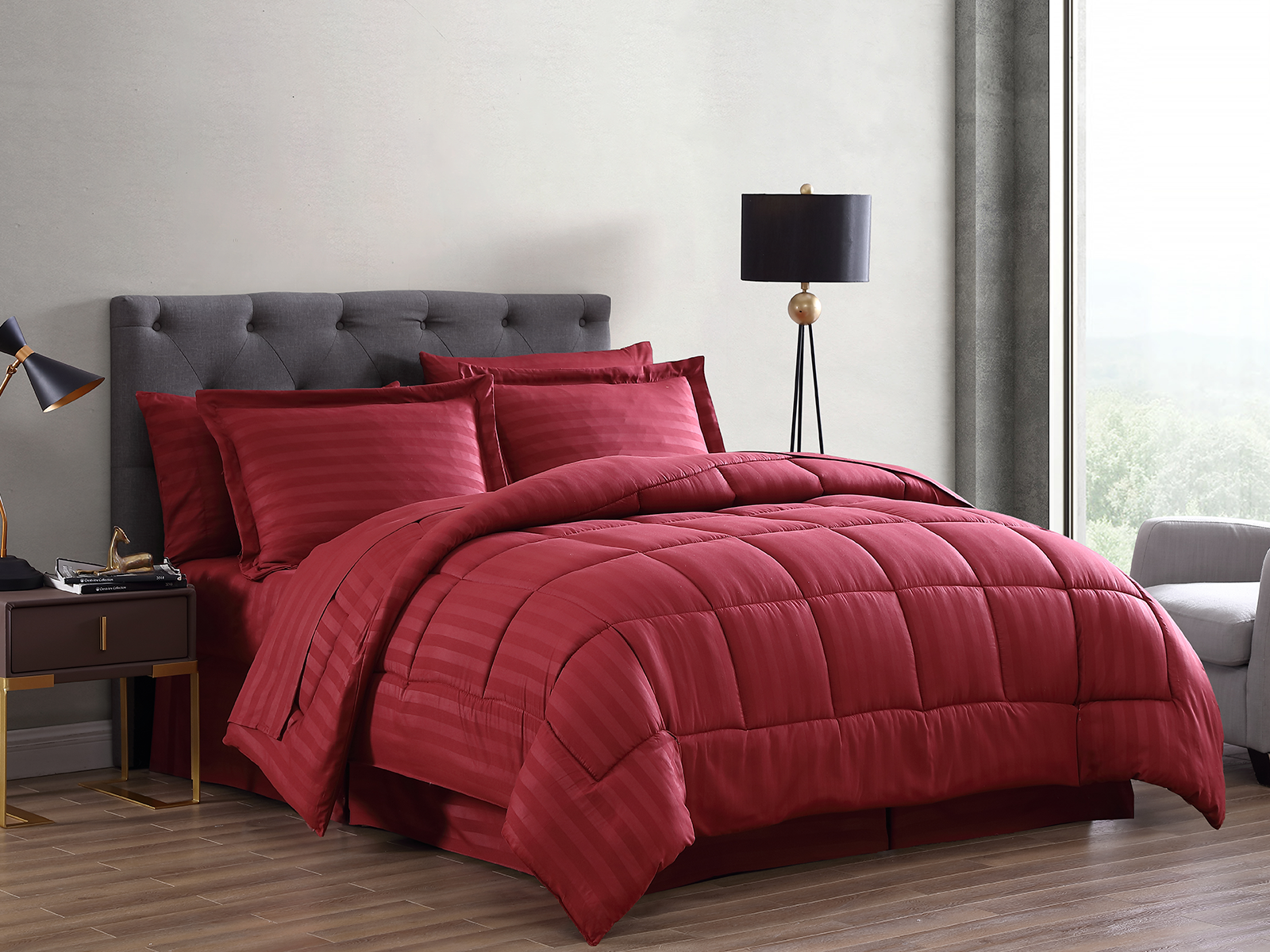 The Nesting Company Queen Maple Dobby Stripe Comforter Set | Burgandy