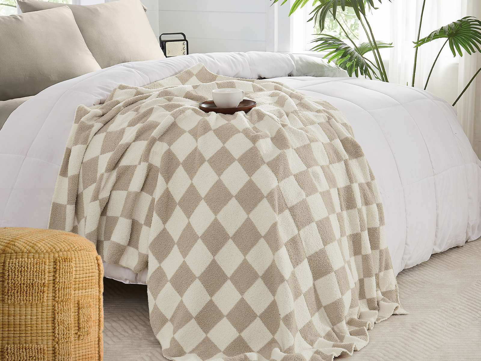 Truly Soft Cozy Checkerboard Reversible Throw, One Size, Beige