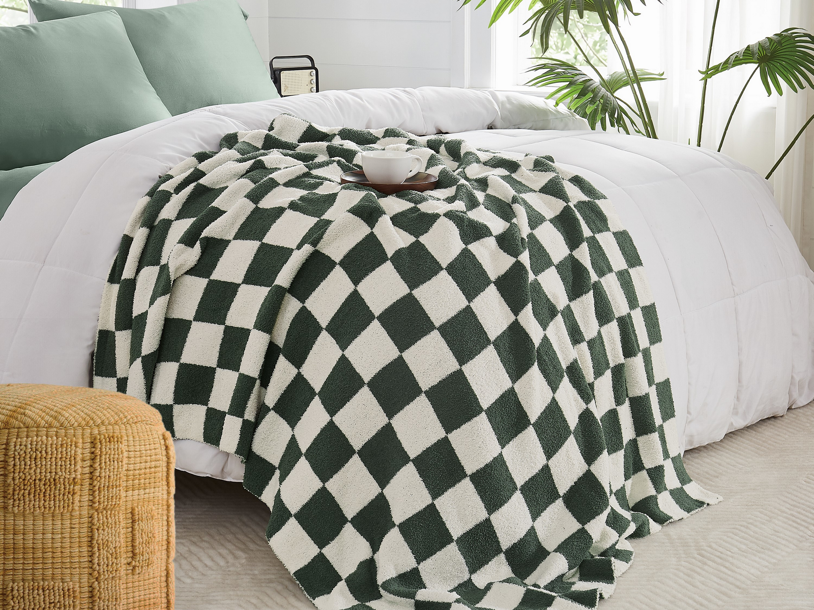 Truly Soft Cozy Checkerboard Reversible Throw, One Size, Green