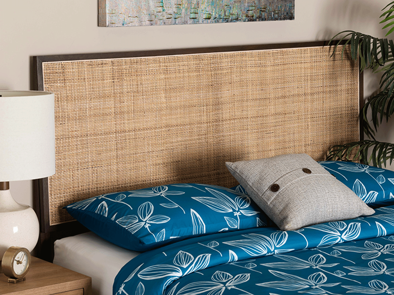 193271394364 40.2 x 62.2 x 2 in. Aurelia Modern Bohemian Bayur Wood & Natural Rattan Queen Size Headboard, Dark Brown & Natural Brown