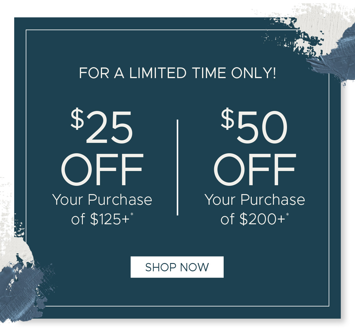 For a Limited Time Only! $25 off Your Purchase of $125+* | $50 off Your Purchase of $200+* | Shop Now