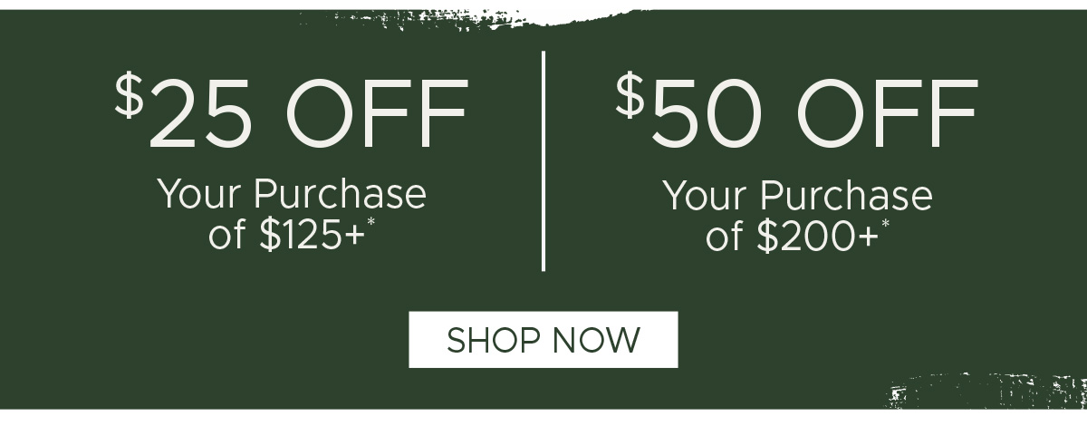 $25 off Your Purchase of $125+* | $50 off Your Purchase of $200+* | Shop Now