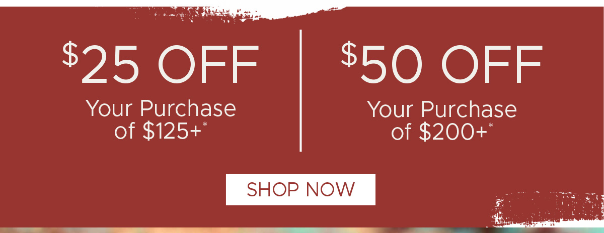 $25 off Your Purchase of $125+* | $50 off Your Purchase of $200+* | Shop Now