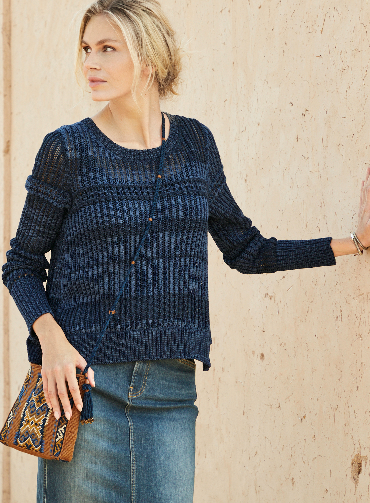 Simple Retro Solid Pointelle Knit Sweater