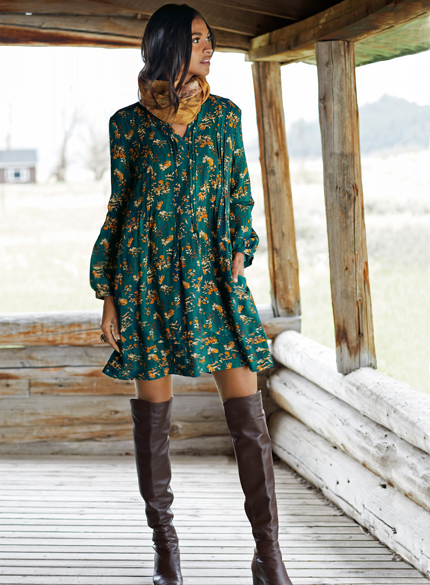 Green dress shop brown boots