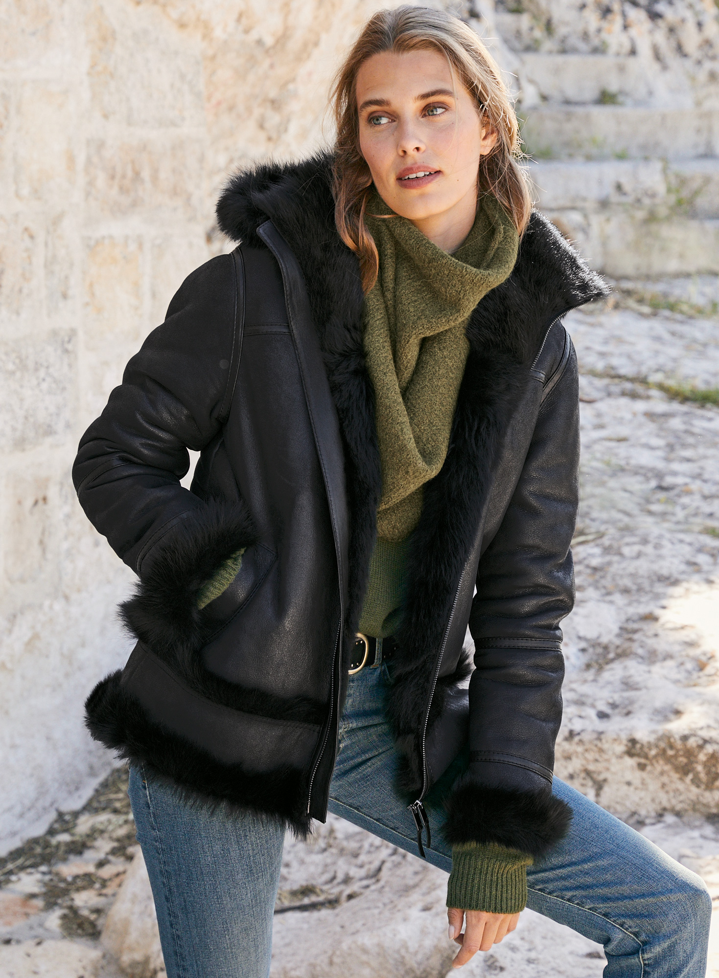 Women's faux shearling on sale coat with hood