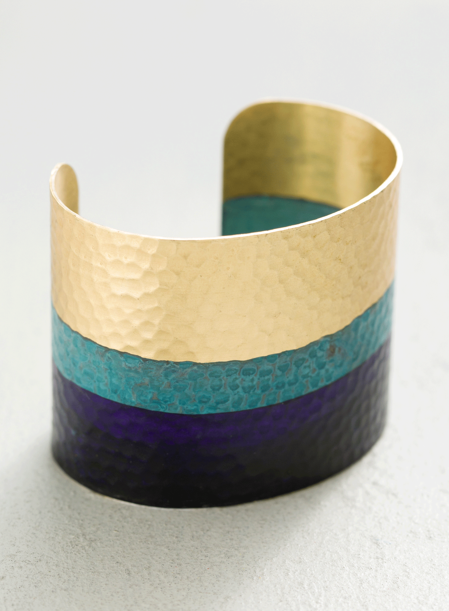 Wide hand hammered brass cuff