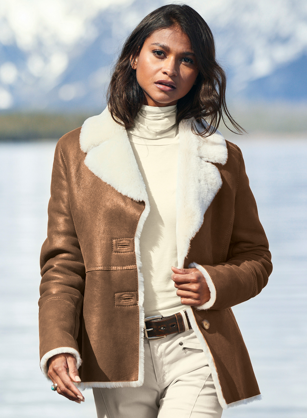 Shearling top coat womens