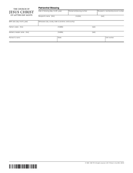 Blessing Form Patriarchal Blessing Record Form