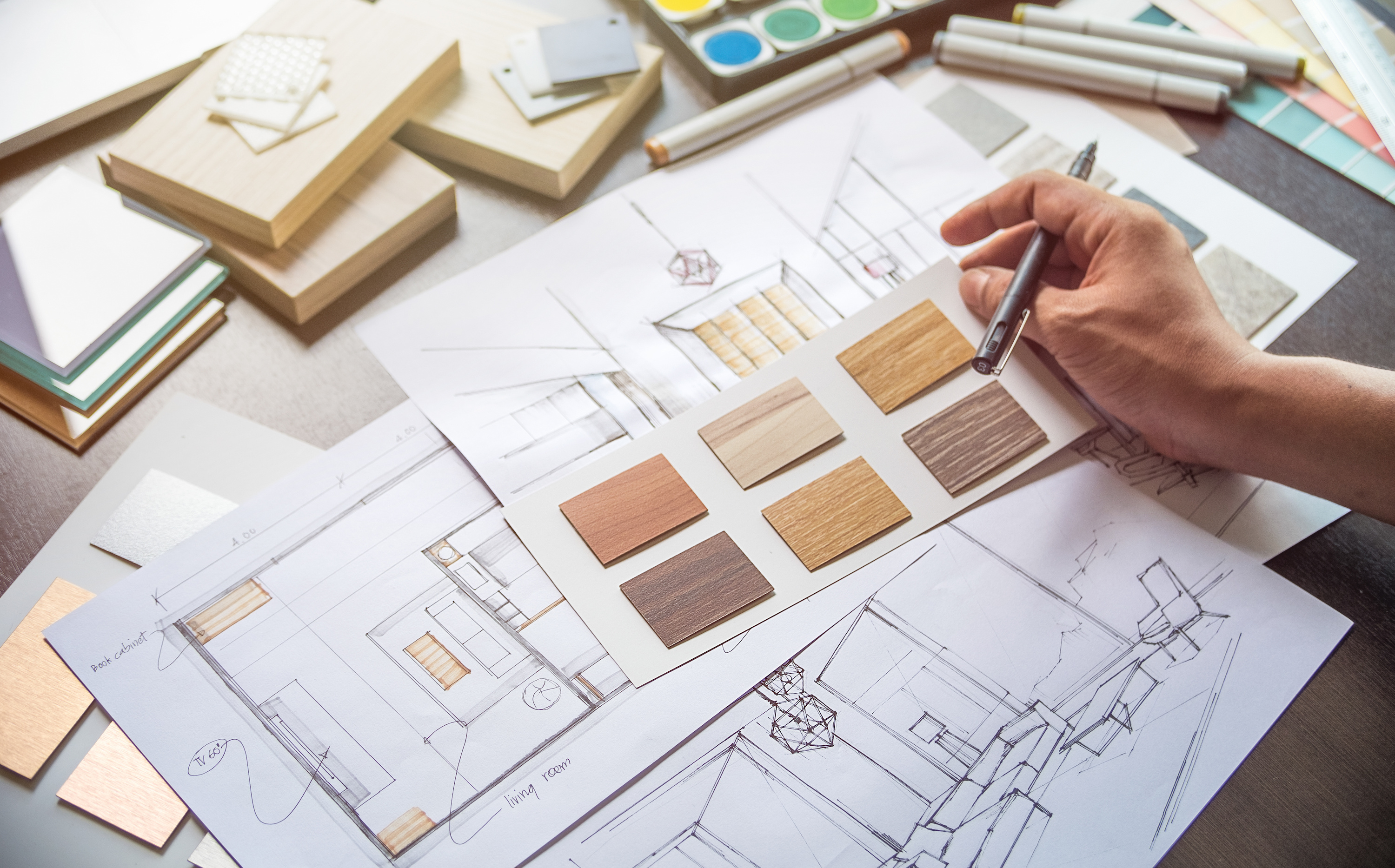 Wood veneer swatches and design sketches