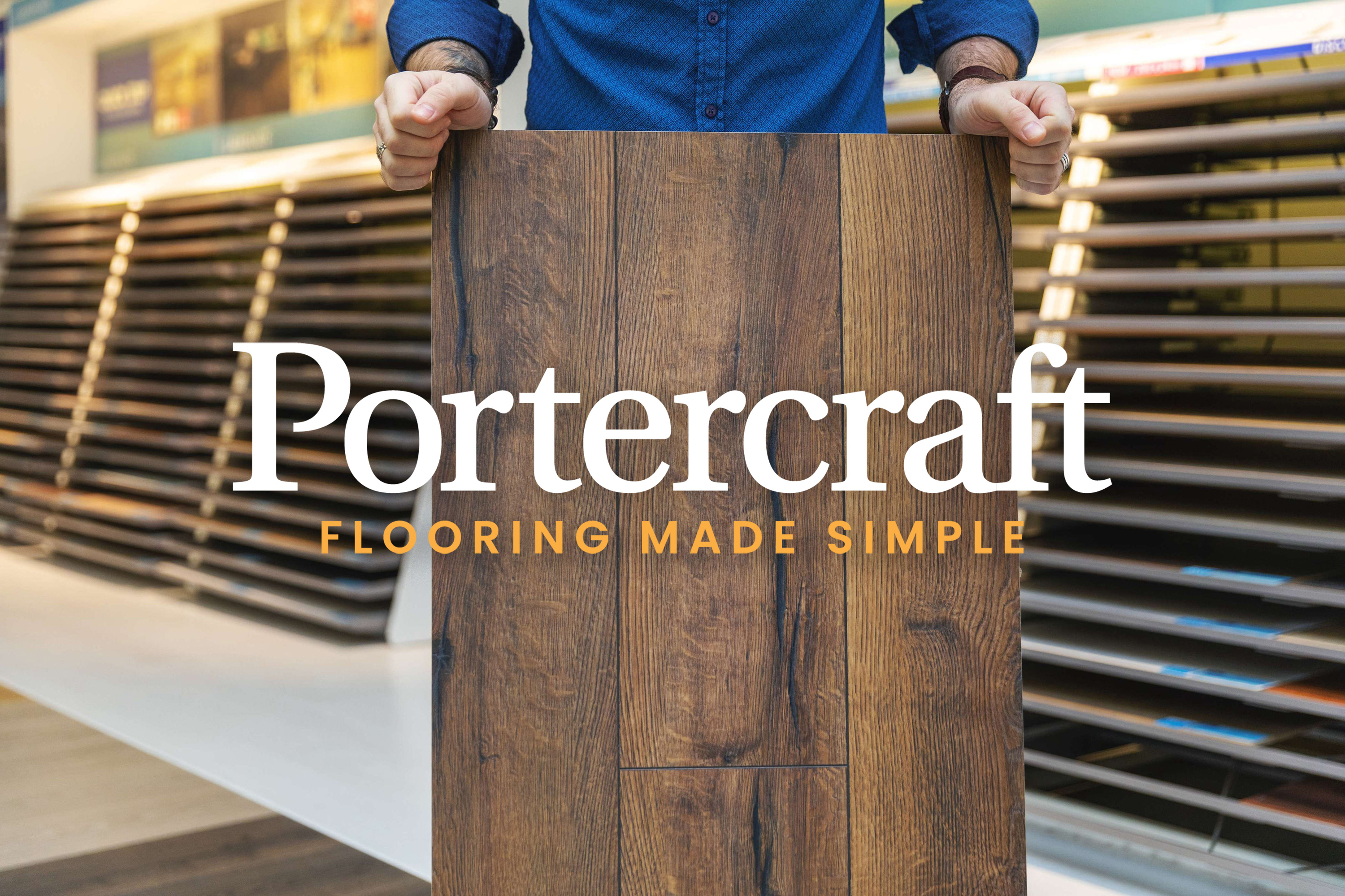 Wood flooring display board with Portercraft logo and tagline: Flooring Made Simple
