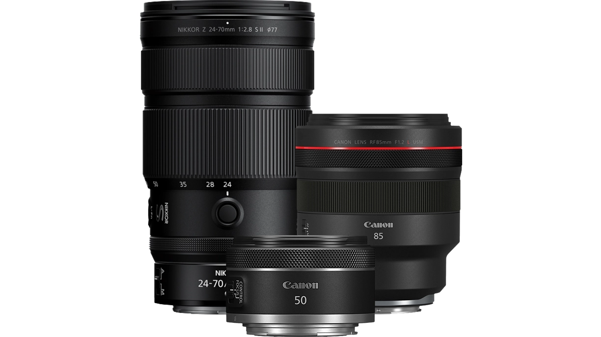 Canon RF 85mm, Canon RF 50mm and Nikon Z 24-70mm lenses