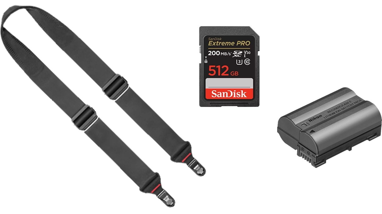 Peak Design Slide Camera Strap, Sandisk Extreme Pro SDXC 512GB Memory Card and a Nikon EN-EL15C Camera Battery