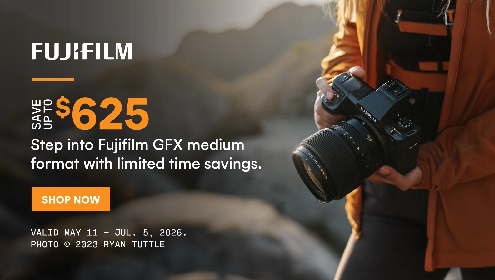 Save up to $625 on select Fujifilm GFX medium format cameras.