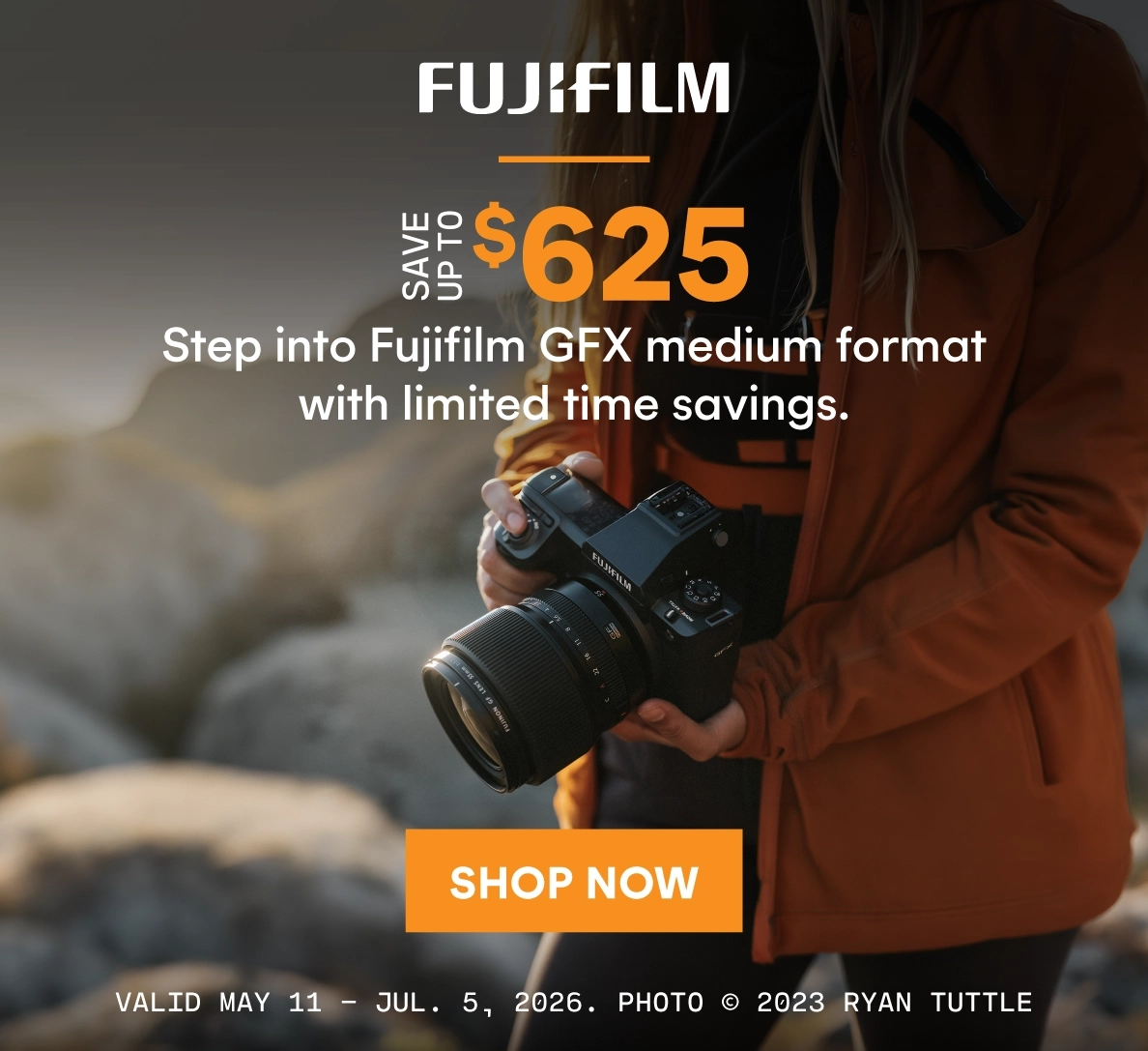 Save up to $625 on select Fujifilm GFX medium format cameras.