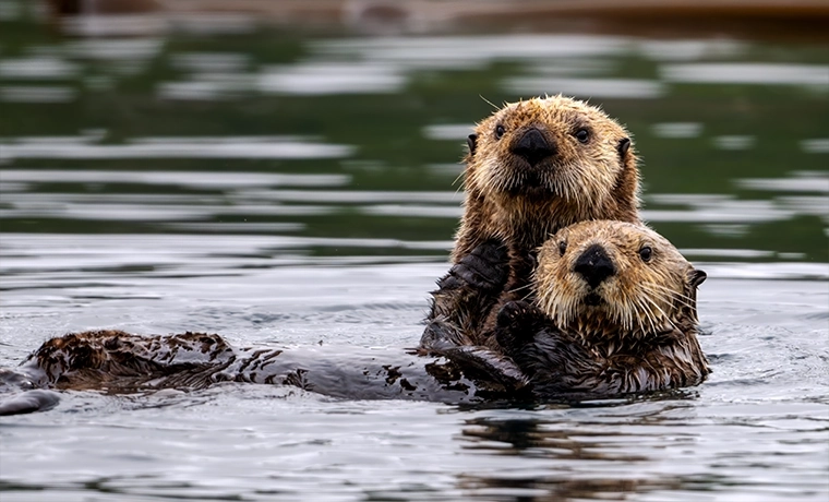 Two sea otters swimming in Northern Vancouver Island, British Columbia.