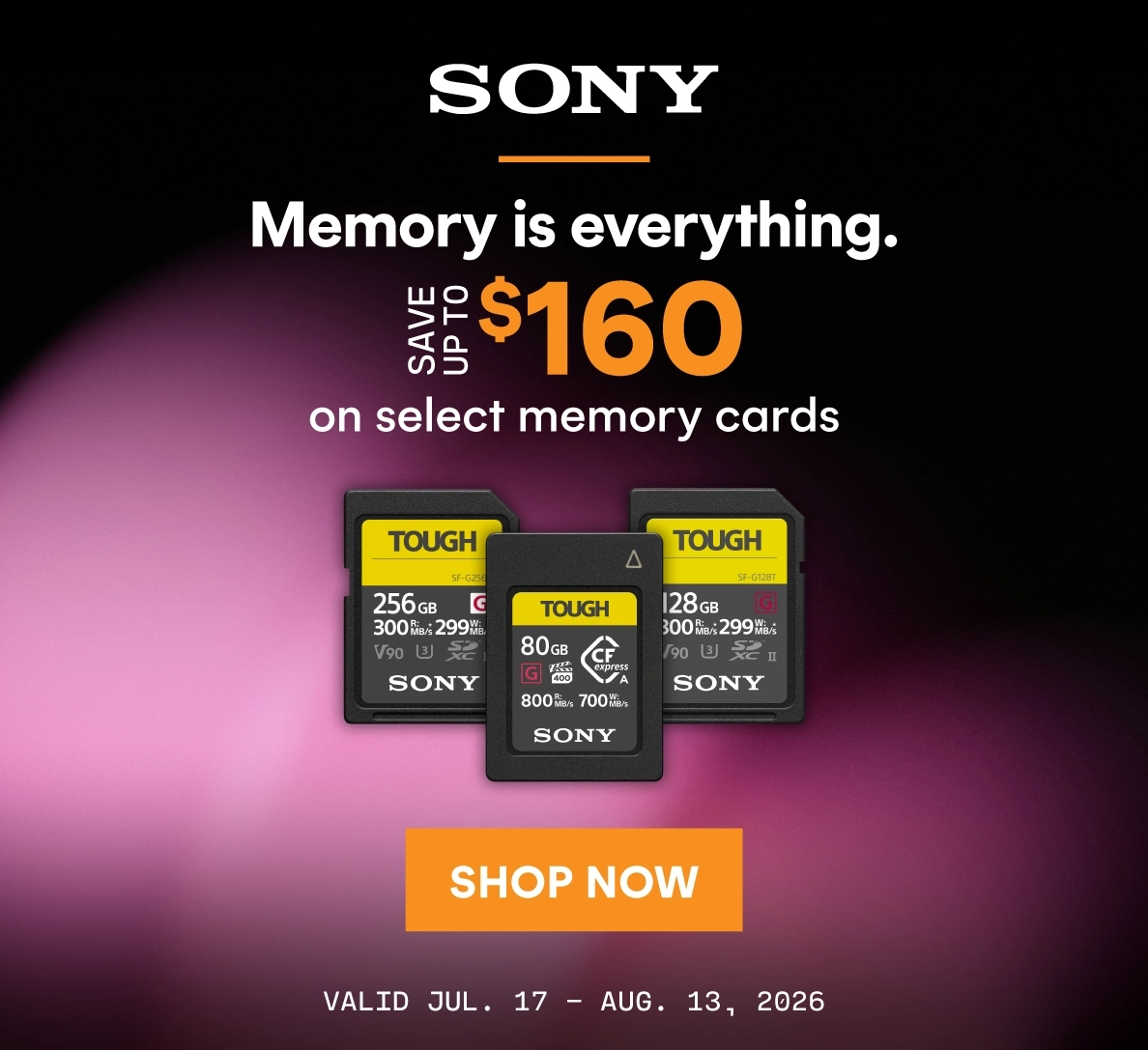 Save up to $160 on select Sony memory cards
