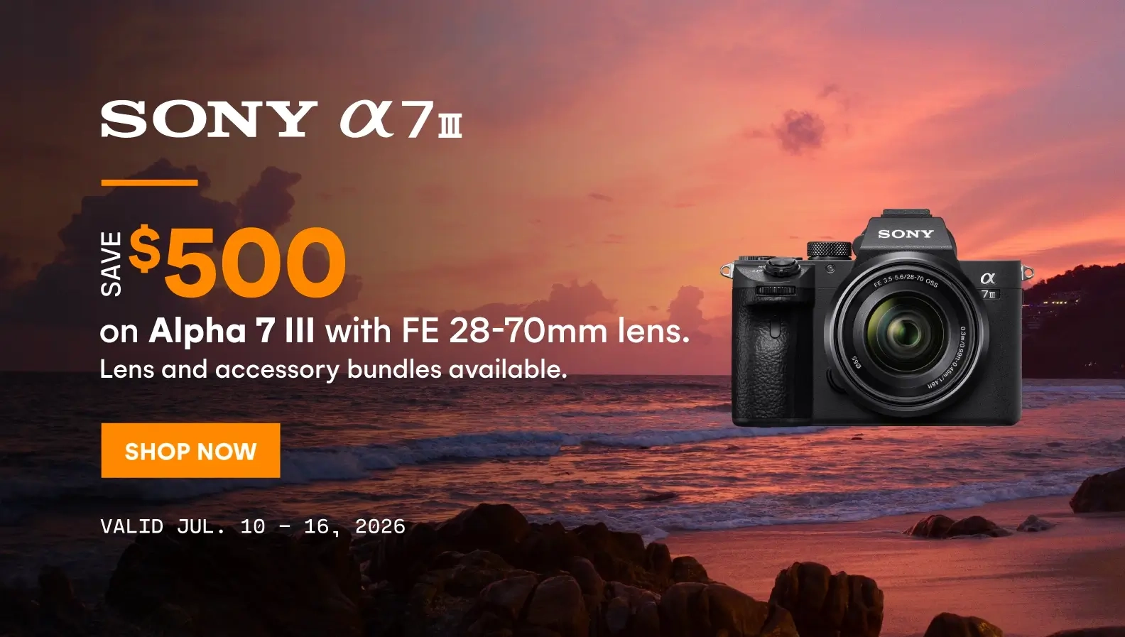 Save $500 on the Sony Alpha 7 III with FE 28-70mm lens.