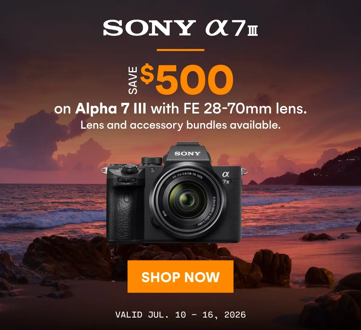 Save $500 on the Sony Alpha 7 III with FE 28-70mm lens.