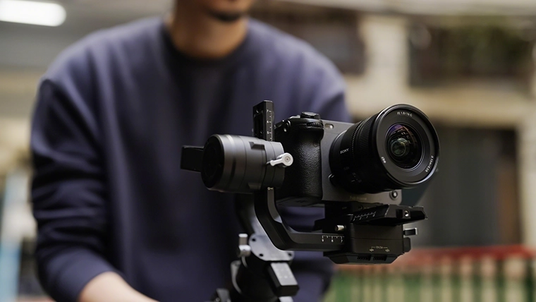 Sony FX3 Cinema Camera with FE 16mm F1.8 G lens, mounted on a hand-held gimbal.