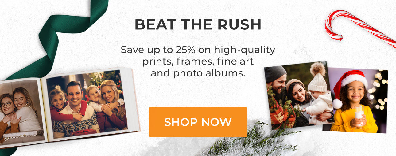 Save up to 25% on high-quality prints, frames, fine art and photo albums