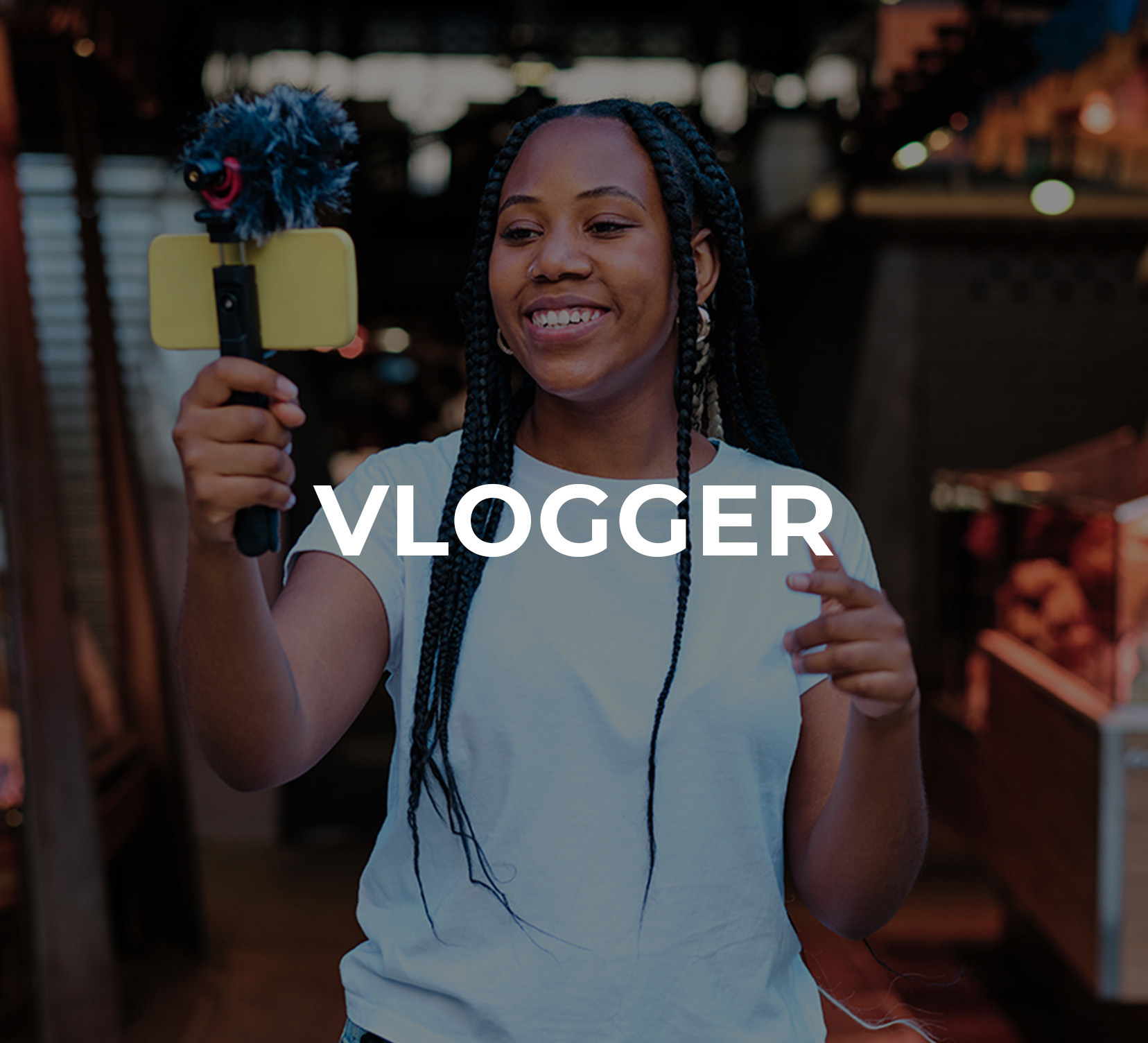 A young woman shooting a senile video at a food market