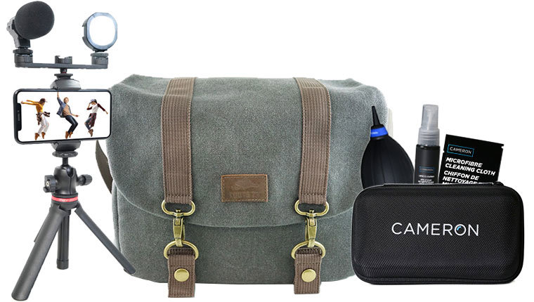 A camera bag, a lens cleaning kit, and a mini tripod