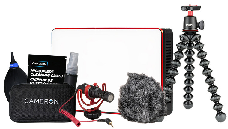 a microphone, a tripod, an l.e.d. light, and lens cleaning kit